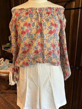 Ralph Lauren Sz 10 Floral Off-Shoulder Sheer Long Summer Sleeve Blouse